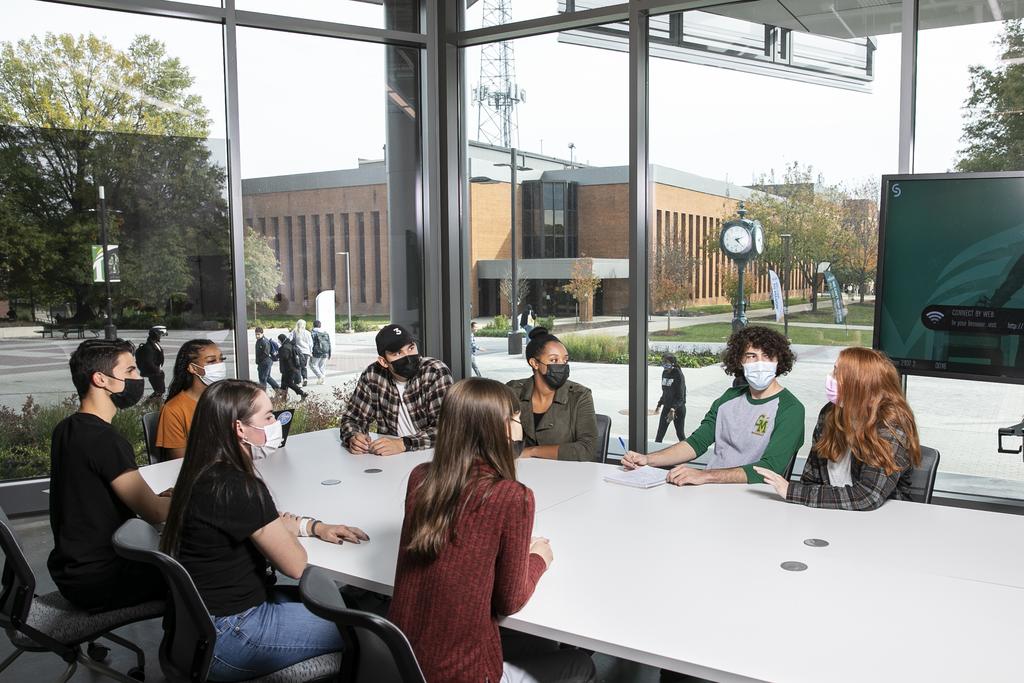 CHSS students in classroom and outside Horizon Hall. Photo by: Ron Aira/Creative Services/ George Mason University
